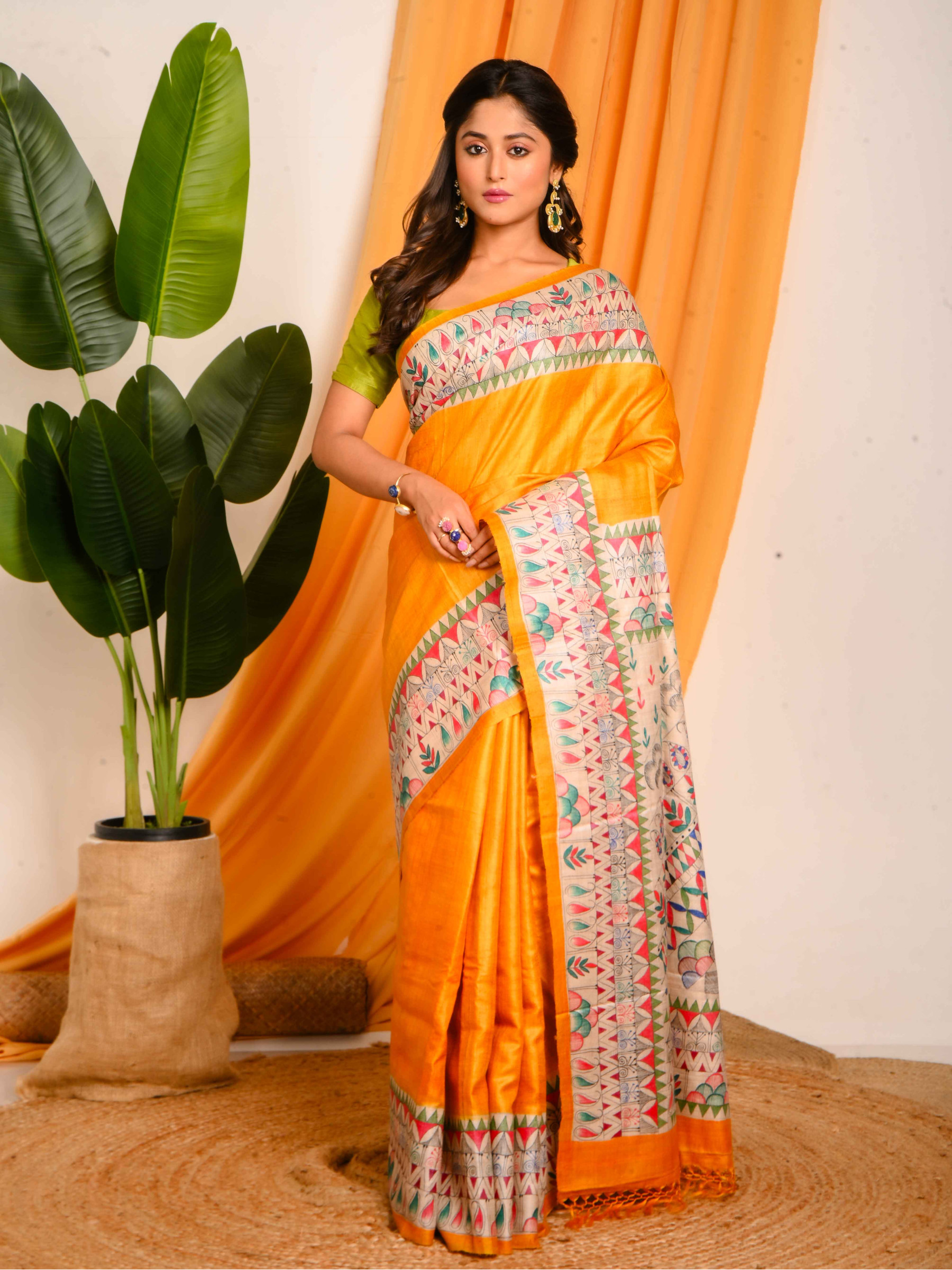 Madhubani Hand Paint Tussar Saree in Shades of Yellow - BSHP34